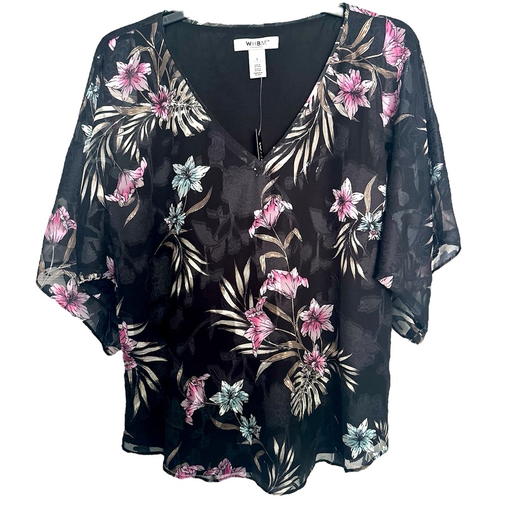 NWT White House Black Market Black Floral Kimono Sleeve Women's Top- Small